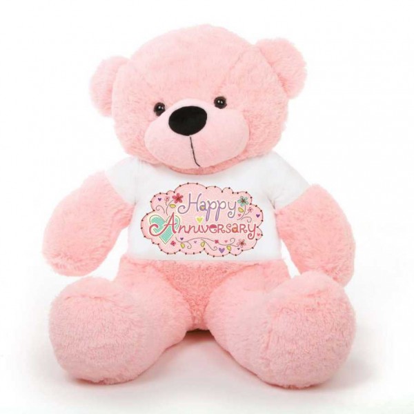 Pink 5 feet Big Teddy Bear wearing a Happy Anniversary T-shirt